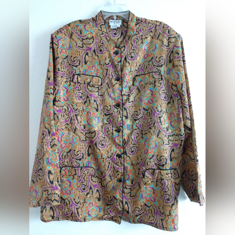 NEW Pretty Brownstone Woman Blouse Gold Black Purple Abstract Print Size 24W